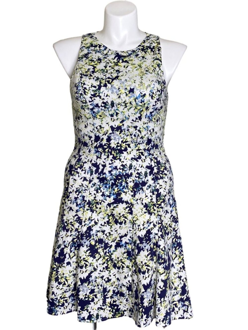 Maggy London Women's Navy Yellow Floral A-Line Dress, Tule Slip Pockets, Size 14